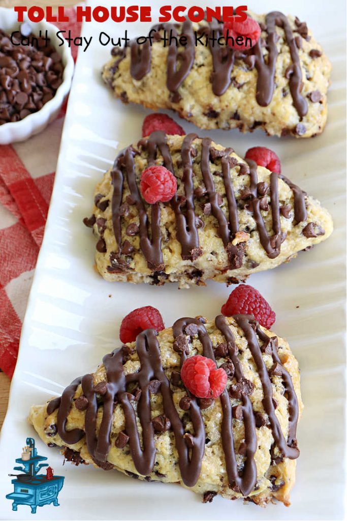Toll House Scones | Can't Stay Out of the Kitchen | #TollHouseScones are some of the best #scones you'll ever eat. This drool-worthy #breakfast or #brunch entree is perfect for a weekend, company or #holiday breakfast. They're chocked full of #ChocolateChips & drizzled with #chocolate icing. Every bite will have you swooning! #TollHouse #HolidayBreakfast