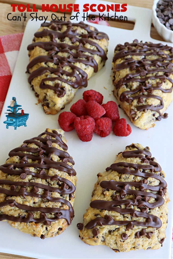 Toll House Scones | Can't Stay Out of the Kitchen | #TollHouseScones are some of the best #scones you'll ever eat. This drool-worthy #breakfast or #brunch entree is perfect for a weekend, company or #holiday breakfast. They're chocked full of #ChocolateChips & drizzled with #chocolate icing. Every bite will have you swooning! #TollHouse #HolidayBreakfast