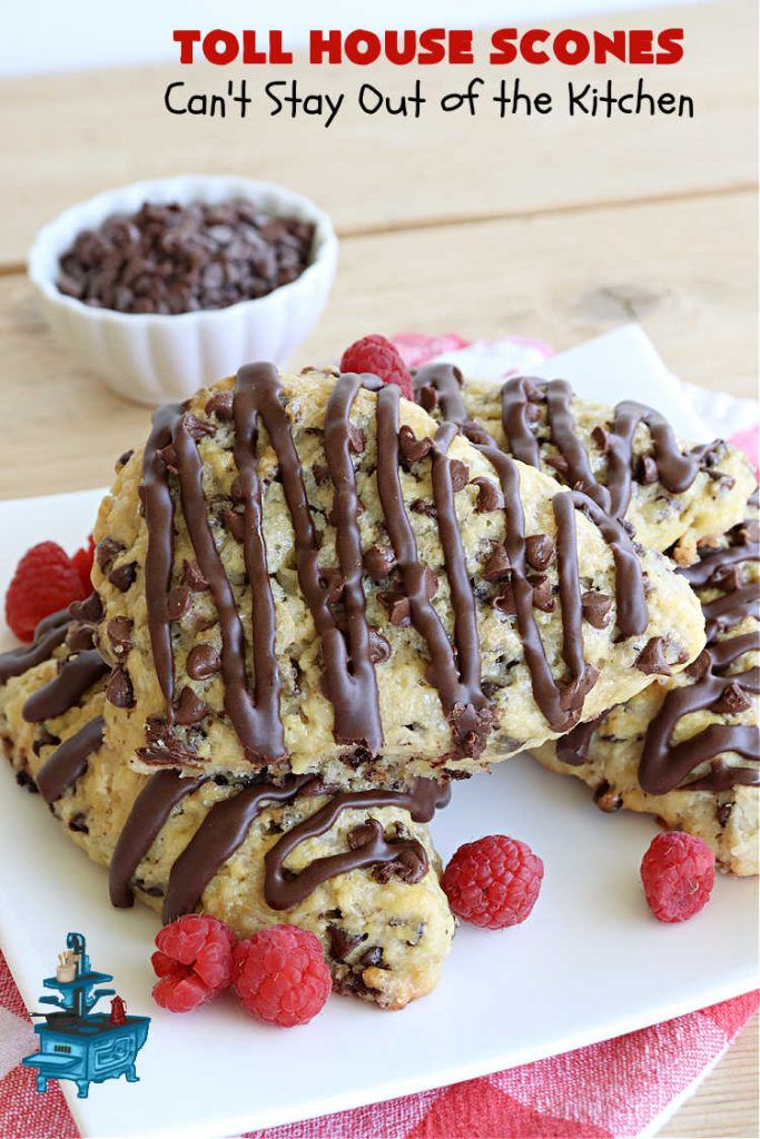 Toll House Scones | Can't Stay Out of the Kitchen | #TollHouseScones are some of the best #scones you'll ever eat. This drool-worthy #breakfast or #brunch entree is perfect for a weekend, company or #holiday breakfast. They're chocked full of #ChocolateChips & drizzled with #chocolate icing. Every bite will have you swooning! #TollHouse #HolidayBreakfast