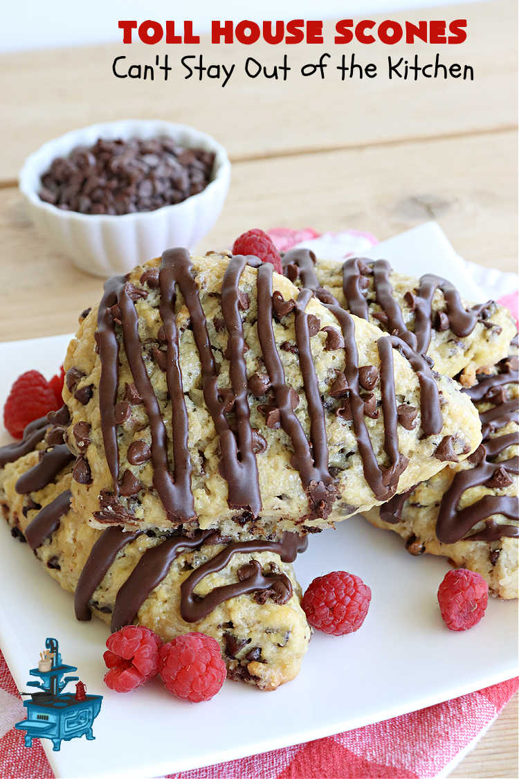 Toll House Scones | Can't Stay Out of the Kitchen | #TollHouseScones are some of the best #scones you'll ever eat. This drool-worthy #breakfast or #brunch entree is perfect for a weekend, company or #holiday breakfast. They're chocked full of #ChocolateChips & drizzled with #chocolate icing. Every bite will have you swooning! #TollHouse #HolidayBreakfast