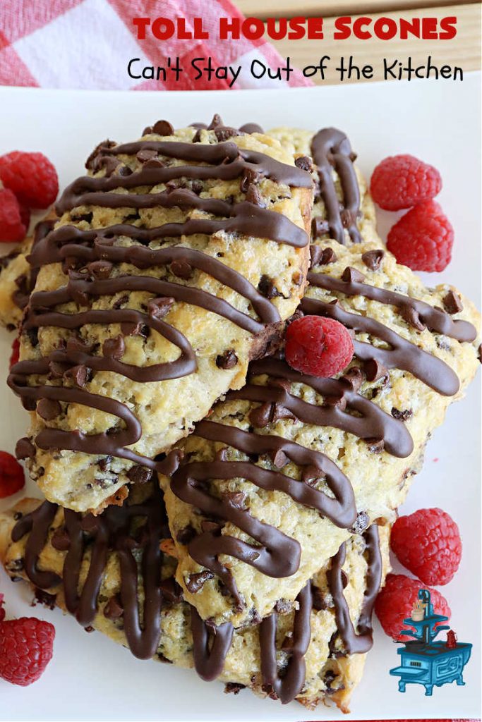 Toll House Scones | Can't Stay Out of the Kitchen | #TollHouseScones are some of the best #scones you'll ever eat. This drool-worthy #breakfast or #brunch entree is perfect for a weekend, company or #holiday breakfast. They're chocked full of #ChocolateChips & drizzled with #chocolate icing. Every bite will have you swooning! #TollHouse #HolidayBreakfast