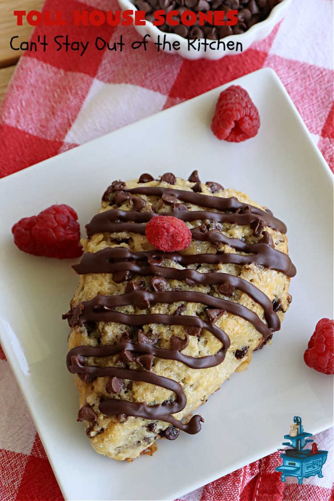 Toll House Scones | Can't Stay Out of the Kitchen | #TollHouseScones are some of the best #scones you'll ever eat. This drool-worthy #breakfast or #brunch entree is perfect for a weekend, company or #holiday breakfast. They're chocked full of #ChocolateChips & drizzled with #chocolate icing. Every bite will have you swooning! #TollHouse #HolidayBreakfast