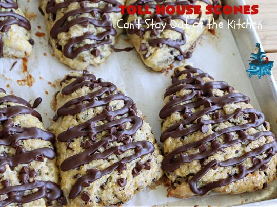 Toll House Scones | Can't Stay Out of the Kitchen | #TollHouseScones are some of the best #scones you'll ever eat. This drool-worthy #breakfast or #brunch entree is perfect for a weekend, company or #holiday breakfast. They're chocked full of #ChocolateChips & drizzled with #chocolate icing. Every bite will have you swooning! #TollHouse #HolidayBreakfast