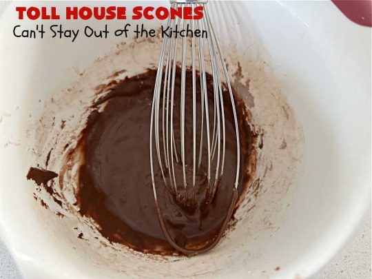 Toll House Scones | Can't Stay Out of the Kitchen | #TollHouseScones are some of the best #scones you'll ever eat. This drool-worthy #breakfast or #brunch entree is perfect for a weekend, company or #holiday breakfast. They're chocked full of #ChocolateChips & drizzled with #chocolate icing. Every bite will have you swooning! #TollHouse #HolidayBreakfast