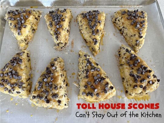Toll House Scones | Can't Stay Out of the Kitchen | #TollHouseScones are some of the best #scones you'll ever eat. This drool-worthy #breakfast or #brunch entree is perfect for a weekend, company or #holiday breakfast. They're chocked full of #ChocolateChips & drizzled with #chocolate icing. Every bite will have you swooning! #TollHouse #HolidayBreakfast