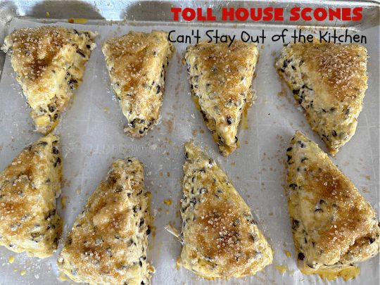 Toll House Scones | Can't Stay Out of the Kitchen | #TollHouseScones are some of the best #scones you'll ever eat. This drool-worthy #breakfast or #brunch entree is perfect for a weekend, company or #holiday breakfast. They're chocked full of #ChocolateChips & drizzled with #chocolate icing. Every bite will have you swooning! #TollHouse #HolidayBreakfast