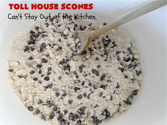 Toll House Scones | Can't Stay Out of the Kitchen | #TollHouseScones are some of the best #scones you'll ever eat. This drool-worthy #breakfast or #brunch entree is perfect for a weekend, company or #holiday breakfast. They're chocked full of #ChocolateChips & drizzled with #chocolate icing. Every bite will have you swooning! #TollHouse #HolidayBreakfast