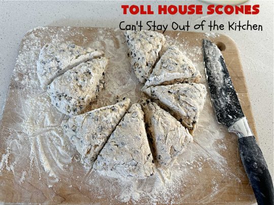Toll House Scones | Can't Stay Out of the Kitchen | #TollHouseScones are some of the best #scones you'll ever eat. This drool-worthy #breakfast or #brunch entree is perfect for a weekend, company or #holiday breakfast. They're chocked full of #ChocolateChips & drizzled with #chocolate icing. Every bite will have you swooning! #TollHouse #HolidayBreakfast