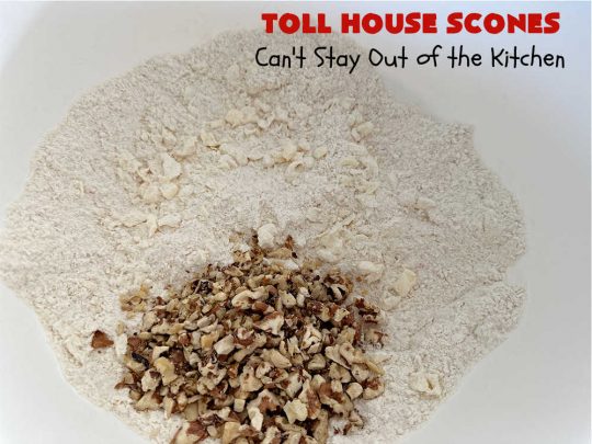 Toll House Scones | Can't Stay Out of the Kitchen | #TollHouseScones are some of the best #scones you'll ever eat. This drool-worthy #breakfast or #brunch entree is perfect for a weekend, company or #holiday breakfast. They're chocked full of #ChocolateChips & drizzled with #chocolate icing. Every bite will have you swooning! #TollHouse #HolidayBreakfast