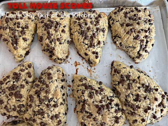 Toll House Scones | Can't Stay Out of the Kitchen | #TollHouseScones are some of the best #scones you'll ever eat. This drool-worthy #breakfast or #brunch entree is perfect for a weekend, company or #holiday breakfast. They're chocked full of #ChocolateChips & drizzled with #chocolate icing. Every bite will have you swooning! #TollHouse #HolidayBreakfast
