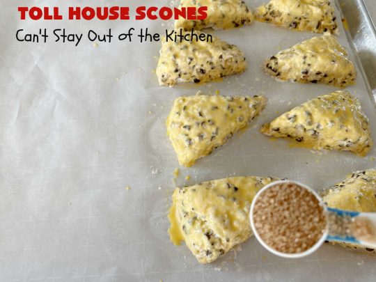 Toll House Scones | Can't Stay Out of the Kitchen | #TollHouseScones are some of the best #scones you'll ever eat. This drool-worthy #breakfast or #brunch entree is perfect for a weekend, company or #holiday breakfast. They're chocked full of #ChocolateChips & drizzled with #chocolate icing. Every bite will have you swooning! #TollHouse #HolidayBreakfast