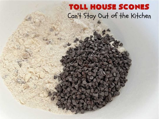 Toll House Scones | Can't Stay Out of the Kitchen | #TollHouseScones are some of the best #scones you'll ever eat. This drool-worthy #breakfast or #brunch entree is perfect for a weekend, company or #holiday breakfast. They're chocked full of #ChocolateChips & drizzled with #chocolate icing. Every bite will have you swooning! #TollHouse #HolidayBreakfast