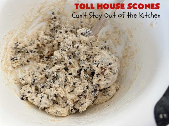 Toll House Scones | Can't Stay Out of the Kitchen | #TollHouseScones are some of the best #scones you'll ever eat. This drool-worthy #breakfast or #brunch entree is perfect for a weekend, company or #holiday breakfast. They're chocked full of #ChocolateChips & drizzled with #chocolate icing. Every bite will have you swooning! #TollHouse #HolidayBreakfast