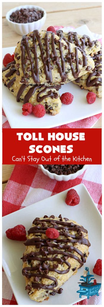 Toll House Scones | Can't Stay Out of the Kitchen | #TollHouseScones are some of the best #scones you'll ever eat. This drool-worthy #breakfast or #brunch entree is perfect for a weekend, company or #holiday breakfast. They're chocked full of #ChocolateChips & drizzled with #chocolate icing. Every bite will have you swooning! #TollHouse #HolidayBreakfast