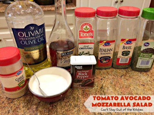 Tomato Avocado Mozzarella Salad | Can't Stay Out of the Kitchen | this is one of the best #salads ever! It's so easy to make & it's perfect for #holidays like #Easter #MothersDay or #FathersDay. It's also great for summer #BBQs & potlucks. #glutenfree #tomatoes #avocados #Mozzarella