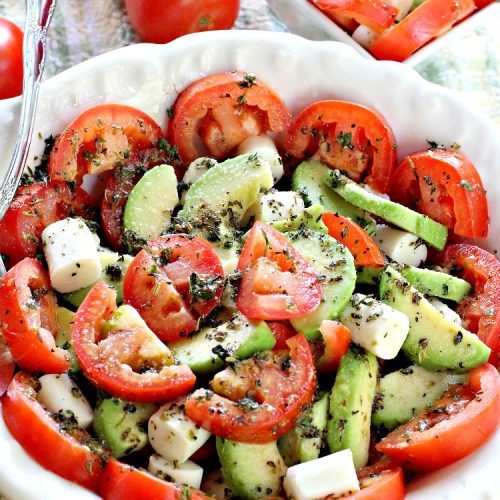 Tomato Avocado Mozzarella Salad | Can't Stay Out of the Kitchen | this is one of the best #salads ever! It's so easy to make & it's perfect for #holidays like #Easter #MothersDay or #FathersDay. It's also great for summer #BBQs & potlucks. #glutenfree #tomatoes #avocados #Mozzarella