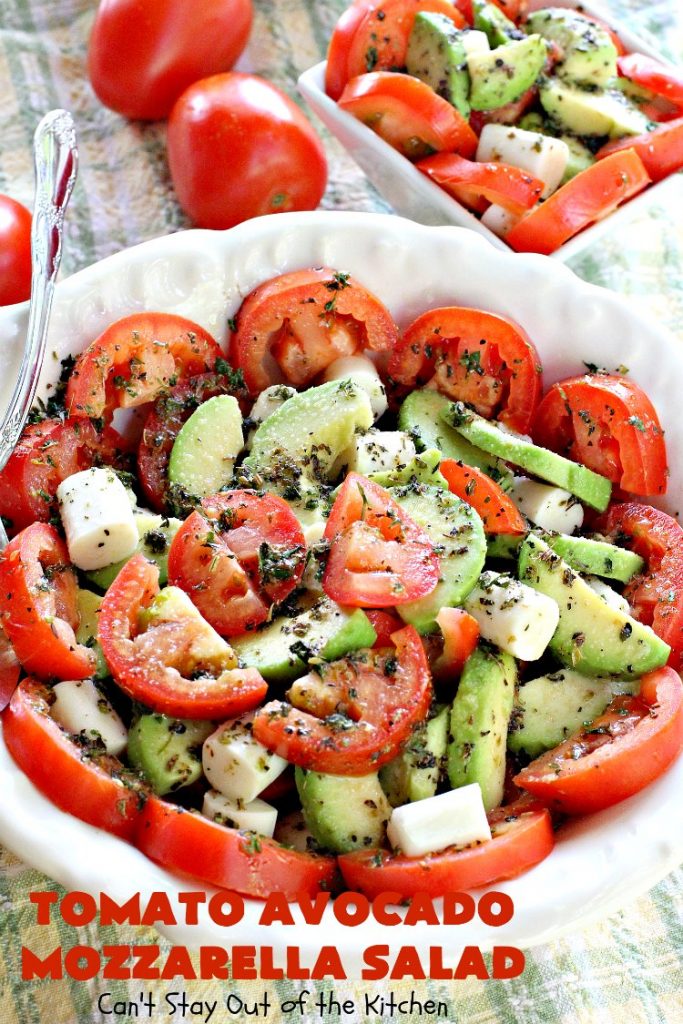 Tomato Avocado Mozzarella Salad | Can't Stay Out of the Kitchen | this is one of the best #salads ever! It's so easy to make & it's perfect for #holidays like #Easter #MothersDay or #FathersDay. It's also great for summer #BBQs & potlucks. #glutenfree #tomatoes #avocados #Mozzarella