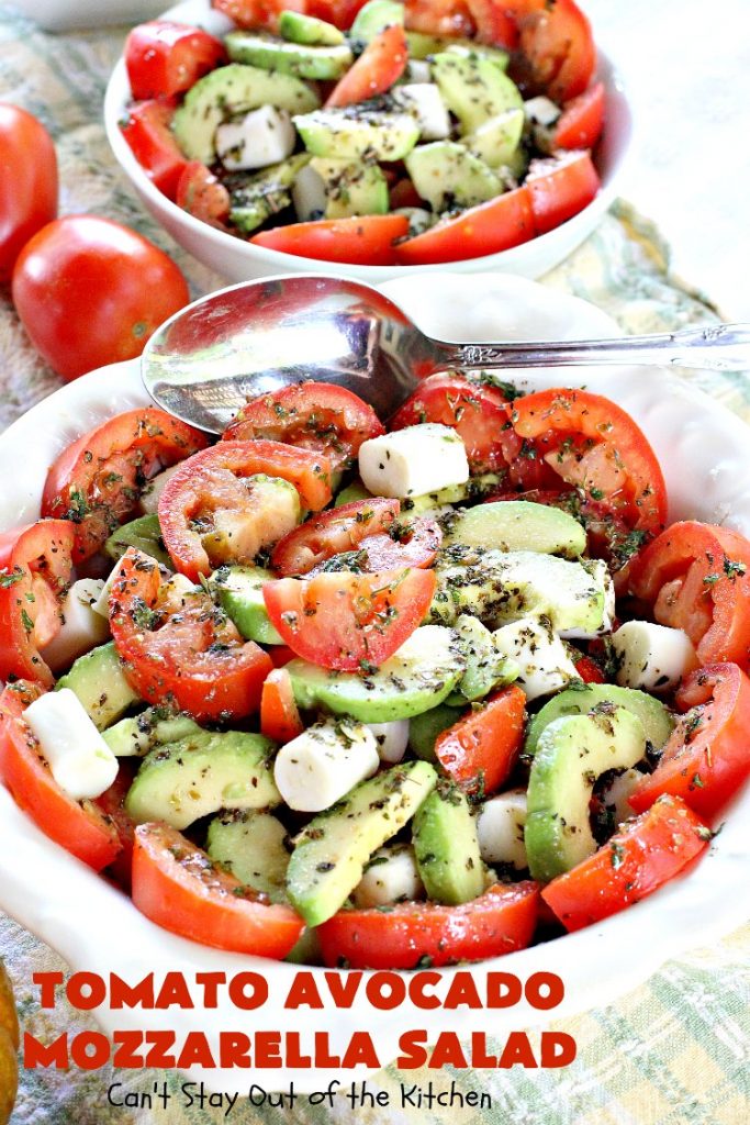 Tomato Avocado Mozzarella Salad | Can't Stay Out of the Kitchen | this is one of the best #salads ever! It's so easy to make & it's perfect for #holidays like #Easter #MothersDay or #FathersDay. It's also great for summer #BBQs & potlucks. #glutenfree #tomatoes #avocados #Mozzarella
