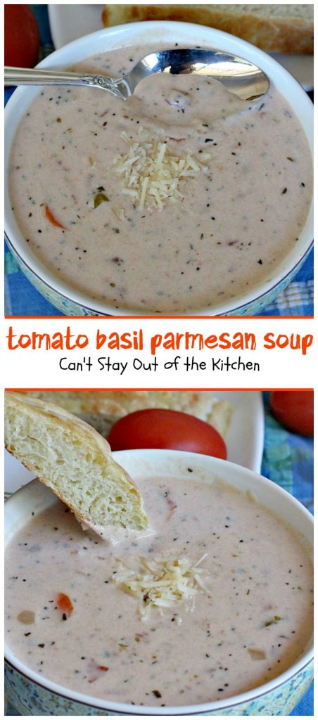 Tomato Basil Parmesan Soup | Can't Stay Out of the Kitchen | this creamy, cheesy #soup is amazing. You won't want to stop after eating the first bite! Plus it's so easy because it's made in the #crockpot! #tomatoes #cheese