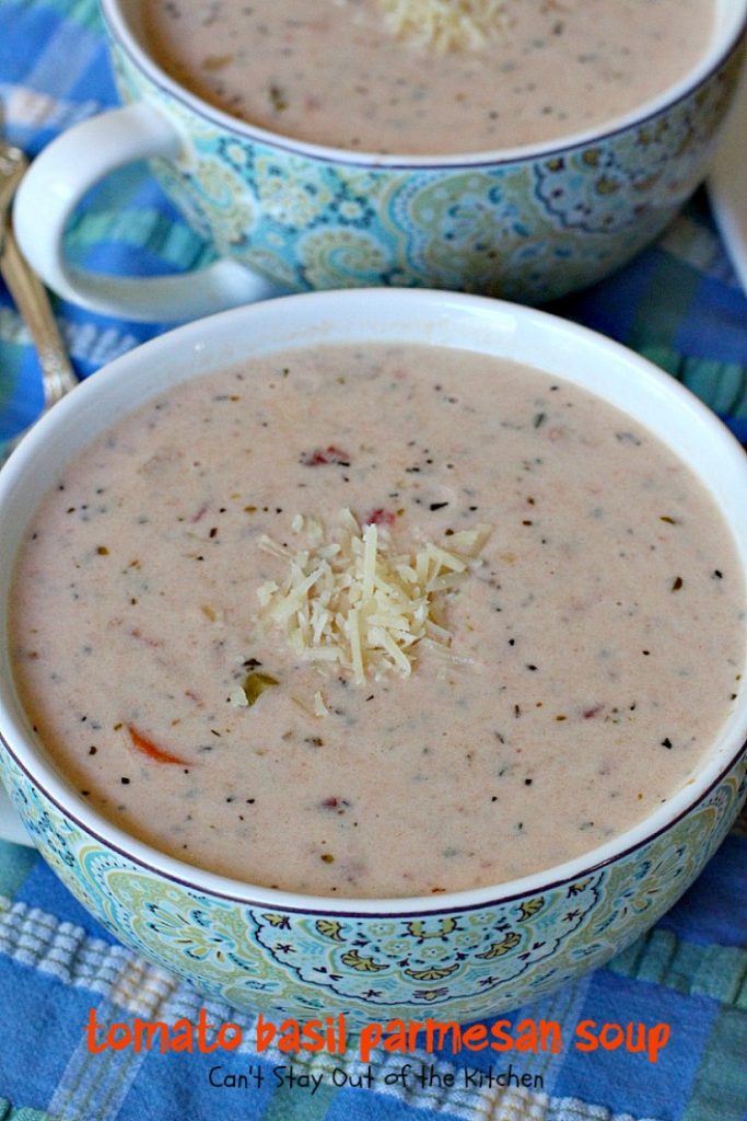 Tomato Basil Parmesan Soup | Can't Stay Out of the Kitchen | this creamy, cheesy #soup is amazing. You won't want to stop after eating the first bite! Plus it's so easy because it's made in the #crockpot! #tomatoes #cheese