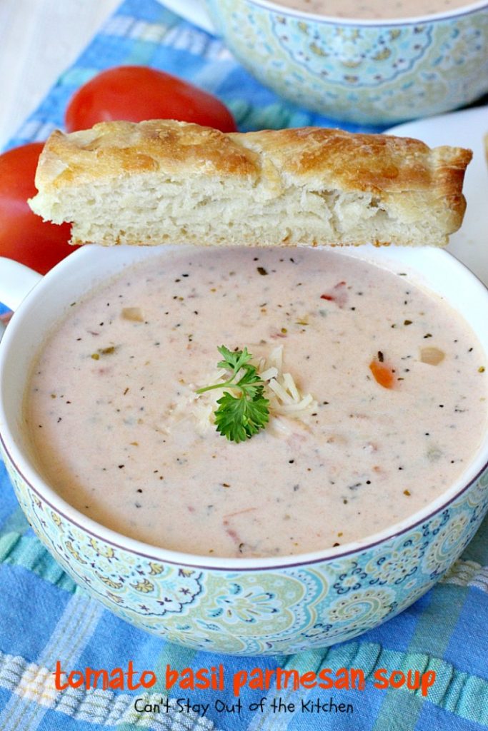 Tomato Basil Parmesan Soup | Can't Stay Out of the Kitchen | this creamy, cheesy #soup is amazing. You won't want to stop after eating the first bite! Plus it's so easy because it's made in the #crockpot! #tomatoes #cheese