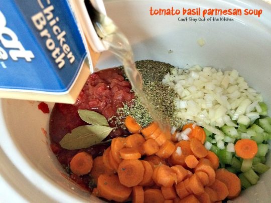 Tomato Basil Parmesan Soup | Can't Stay Out of the Kitchen | this creamy, cheesy #soup is amazing. You won't want to stop after eating the first bite! Plus it's so easy because it's made in the #crockpot! #tomatoes #cheese