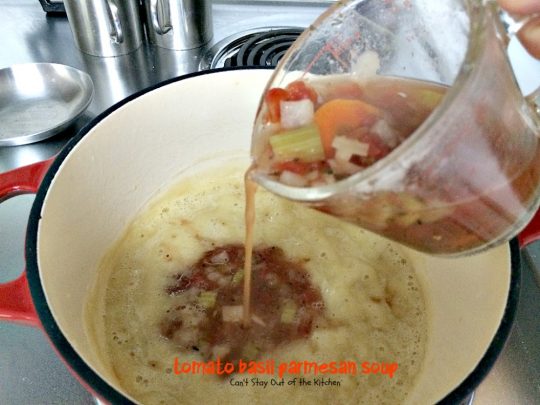 Tomato Basil Parmesan Soup | Can't Stay Out of the Kitchen | this creamy, cheesy #soup is amazing. You won't want to stop after eating the first bite! Plus it's so easy because it's made in the #crockpot! #tomatoes #cheese