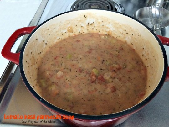 Tomato Basil Parmesan Soup | Can't Stay Out of the Kitchen | this creamy, cheesy #soup is amazing. You won't want to stop after eating the first bite! Plus it's so easy because it's made in the #crockpot! #tomatoes #cheese
