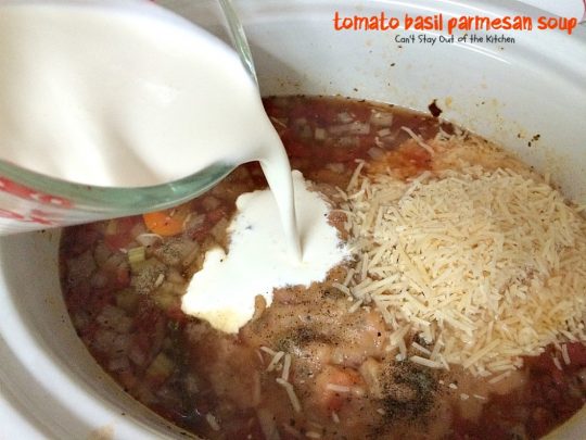 Tomato Basil Parmesan Soup | Can't Stay Out of the Kitchen | this creamy, cheesy #soup is amazing. You won't want to stop after eating the first bite! Plus it's so easy because it's made in the #crockpot! #tomatoes #cheese