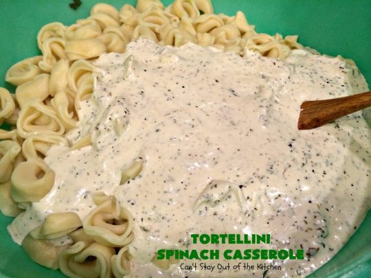 Tortellini Spinach Casserole | Can't Stay Out of the Kitchen | this delicious #pasta entree is incredibly mouthwatering. It's filled with #spinach, several kinds of #cheese & cheese #tortellini. It's terrific for #MeatlessMondays as well as company. #mushrooms #casserole 