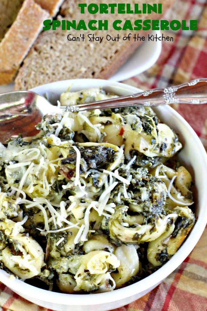 Tortellini Spinach Casserole | Can't Stay Out of the Kitchen | this delicious #pasta entree is incredibly mouthwatering. It's filled with #spinach, several kinds of #cheese & cheese #tortellini. It's terrific for #MeatlessMondays as well as company. #mushrooms #casserole 