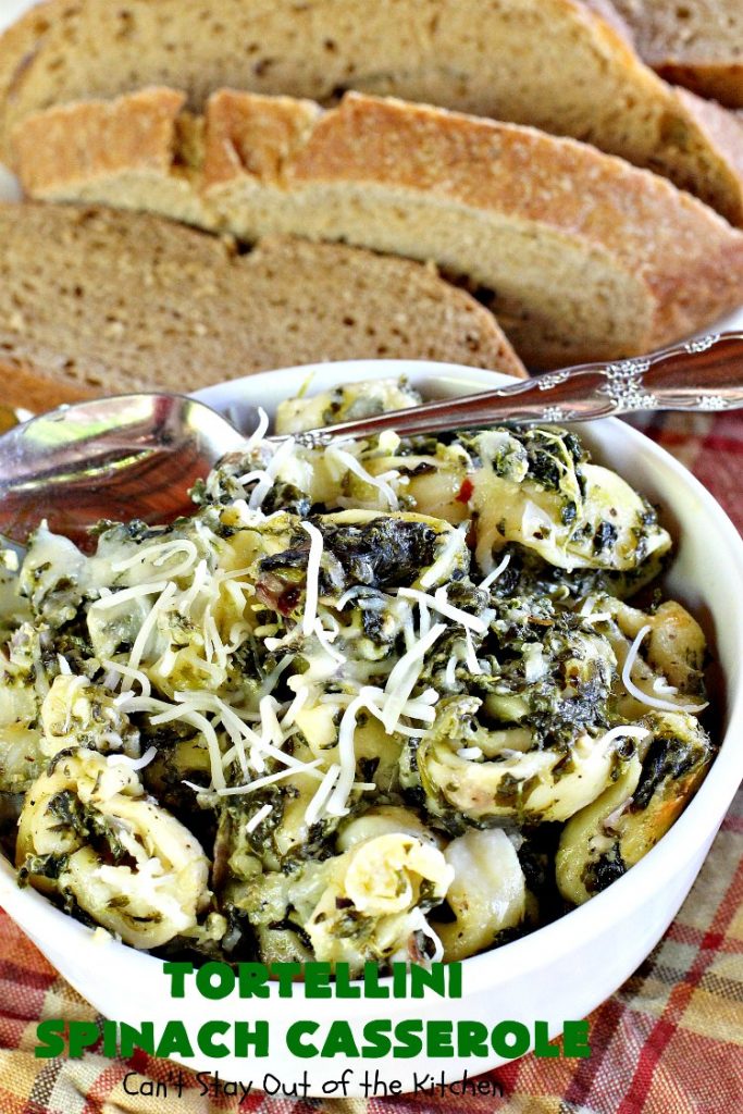 Tortellini Spinach Casserole | Can't Stay Out of the Kitchen | this delicious #pasta entree is incredibly mouthwatering. It's filled with #spinach, several kinds of #cheese & cheese #tortellini. It's terrific for #MeatlessMondays as well as company. #mushrooms #casserole 