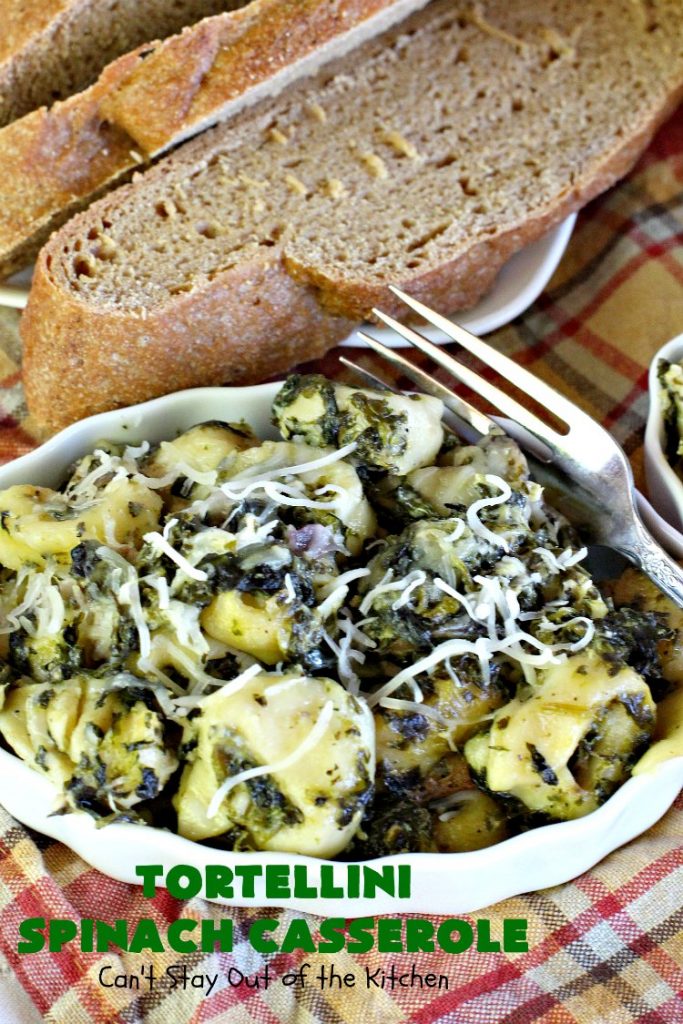 Tortellini Spinach Casserole | Can't Stay Out of the Kitchen | this delicious #pasta entree is incredibly mouthwatering. It's filled with #spinach, several kinds of #cheese & cheese #tortellini. It's terrific for #MeatlessMondays as well as company. #mushrooms #casserole 