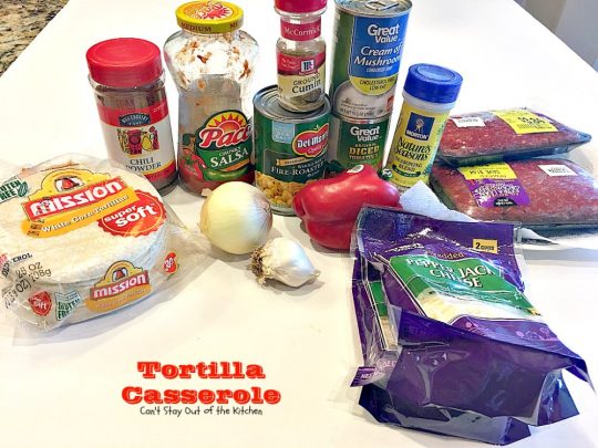 Tortilla Casserole | Can't Stay Out of the Kitchen | this is a delicious #TexMex layered #casserole like a #Mexican #lasagna using #tortillas instead. Makes 2 large dishes so it's perfect for company or potlucks. #beef