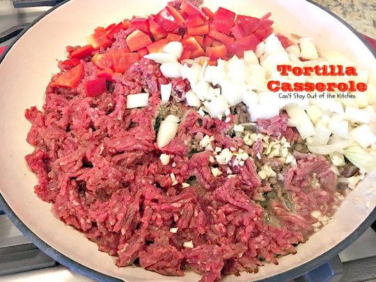 Tortilla Casserole | Can't Stay Out of the Kitchen | this is a delicious #TexMex layered #casserole like a #Mexican #lasagna using #tortillas instead. Makes 2 large dishes so it's perfect for company or potlucks. #beef
