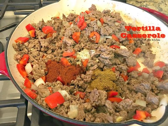Tortilla Casserole | Can't Stay Out of the Kitchen | this is a delicious #TexMex layered #casserole like a #Mexican #lasagna using #tortillas instead. Makes 2 large dishes so it's perfect for company or potlucks. #beef