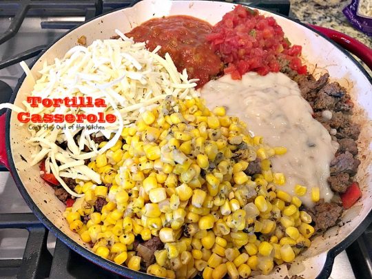 Tortilla Casserole | Can't Stay Out of the Kitchen | this is a delicious #TexMex layered #casserole like a #Mexican #lasagna using #tortillas instead. Makes 2 large dishes so it's perfect for company or potlucks. #beef