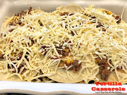 Tortilla Casserole | Can't Stay Out of the Kitchen | this is a delicious #TexMex layered #casserole like a #Mexican #lasagna using #tortillas instead. Makes 2 large dishes so it's perfect for company or potlucks. #beef