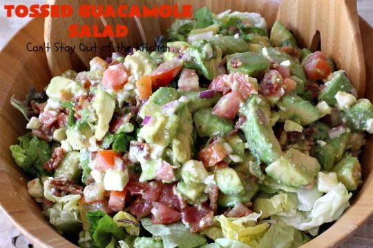 Tossed Guacamole Salad | Can't Stay Out of the Kitchen | My favorite #Guacamole #recipe served with #bacon, #FetaCheese & tossed with lettuce & a Honey Vinaigrette. Perfect #salad for company & #holidays like #FathersDay. #TossedSalad #GlutenFree #TossedGuacamoleSalad #TexMex #avocados