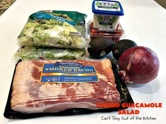 Tossed Guacamole Salad | Can't Stay Out of the Kitchen | My favorite #Guacamole #recipe served with #bacon, #FetaCheese & tossed with lettuce & a Honey Vinaigrette. Perfect #salad for company & #holidays like #FathersDay. #TossedSalad #GlutenFree #TossedGuacamoleSalad #TexMex #avocados