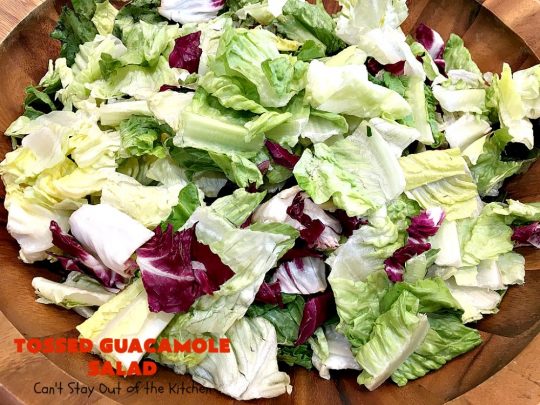 Tossed Guacamole Salad | Can't Stay Out of the Kitchen | My favorite #Guacamole #recipe served with #bacon, #FetaCheese & tossed with lettuce & a Honey Vinaigrette. Perfect #salad for company & #holidays like #FathersDay. #TossedSalad #GlutenFree #TossedGuacamoleSalad #TexMex #avocados