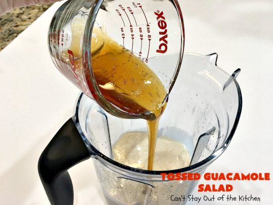 Tossed Guacamole Salad | Can't Stay Out of the Kitchen | My favorite #Guacamole #recipe served with #bacon, #FetaCheese & tossed with lettuce & a Honey Vinaigrette. Perfect #salad for company & #holidays like #FathersDay. #TossedSalad #GlutenFree #TossedGuacamoleSalad #TexMex #avocados