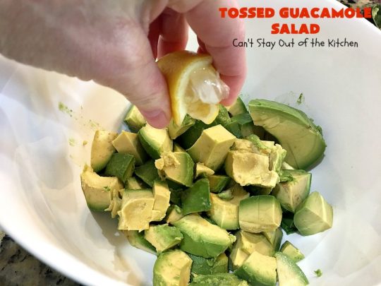 Tossed Guacamole Salad | Can't Stay Out of the Kitchen | My favorite #Guacamole #recipe served with #bacon, #FetaCheese & tossed with lettuce & a Honey Vinaigrette. Perfect #salad for company & #holidays like #FathersDay. #TossedSalad #GlutenFree #TossedGuacamoleSalad #TexMex #avocados