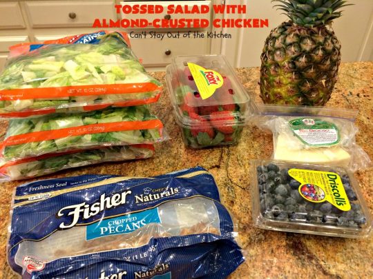 Tossed Salad with Almond-Crusted Chicken | Can't Stay Out of the Kitchen | this spectacular #salad is both healthy & delicious! It's filled with lots of fresh fruit including #blueberries, #strawberries & #pineapple. #chicken #glutenfree 