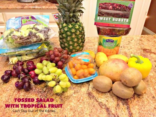 Tossed Salad with Tropical Fruit | Can't Stay Out of the Kitchen | This spectacular #salad is filled with #cherries #mangos #pineapple #kiwis & #pomegranates. Fantastic side dish for summer #holiday fun. #glutenfree #vegan