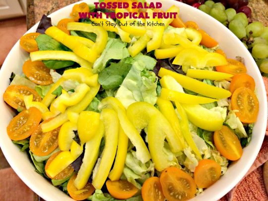 Tossed Salad with Tropical Fruit | Can't Stay Out of the Kitchen | This spectacular #salad is filled with #cherries #mangos #pineapple #kiwis & #pomegranates. Fantastic side dish for summer #holiday fun. #glutenfree #vegan