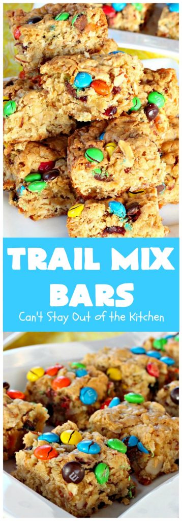 Trail Mix Bars | Can't Stay Out of the Kitchen | these #dessert bars are fantastic. They taste like eating #TrailMix but in #brownie form. They are mouthwatering & irresistible with the addition of #MMs. Terrific for #tailgating parties, potlucks, backyard BBQs and summer #holiday fun. #TailMixBars #chocolate #TrailMixDessert #MMDessert #ChocolateDessert