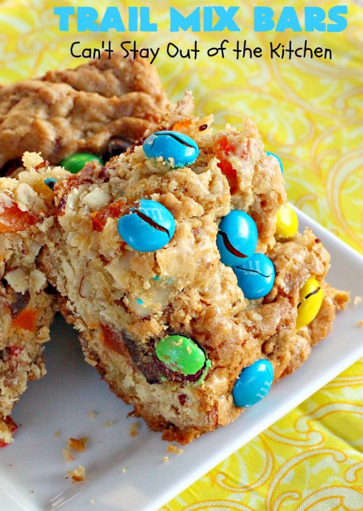 Trail Mix Bars | Can't Stay Out of the Kitchen | these #dessert bars are fantastic. They taste like eating #TrailMix but in #brownie form. They are mouthwatering & irresistible with the addition of #MMs. Terrific for #tailgating parties, potlucks, backyard BBQs and summer #holiday fun. #TrailMixBars #chocolate #TrailMixDessert #MMDessert #ChocolateDessert