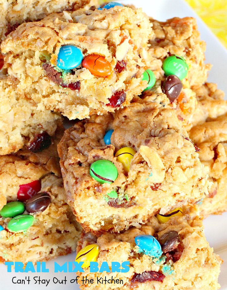 Trail Mix Bars | Can't Stay Out of the Kitchen | these #dessert bars are fantastic. They taste like eating #TrailMix but in #brownie form. They are mouthwatering & irresistible with the addition of #MMs. Terrific for #tailgating parties, potlucks, backyard BBQs and summer #holiday fun. #TrailMixBars #chocolate #TrailMixDessert #MMDessert #ChocolateDessert