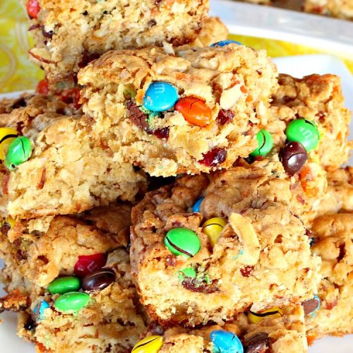 Trail Mix Bars | Can't Stay Out of the Kitchen | these #dessert bars are fantastic. They taste like eating #TrailMix but in #brownie form. They are mouthwatering & irresistible with the addition of #MMs. Terrific for #tailgating parties, potlucks, backyard BBQs and summer #holiday fun. #TrailMixBars #chocolate #TrailMixDessert #MMDessert #ChocolateDessert